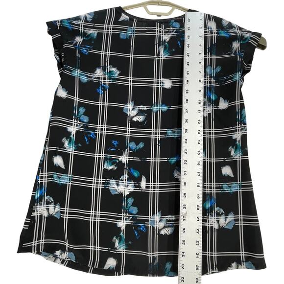 Worthington Top Blouse Women Medium M Black Blue Floral Print Semi Sheer V-Neck - Picture 4 of 7